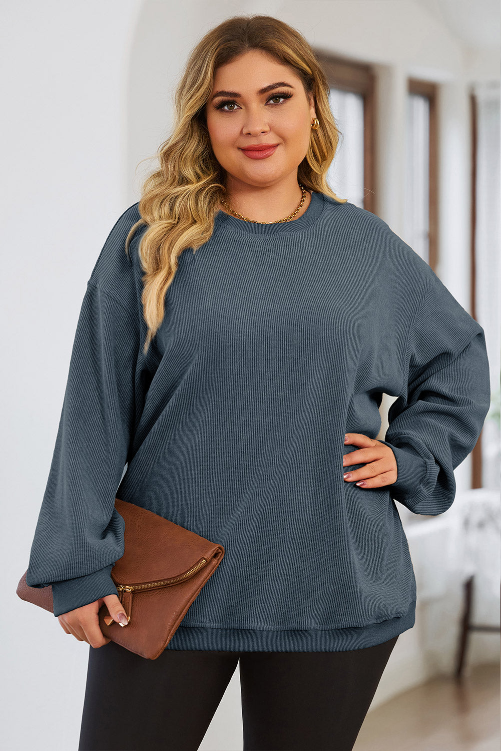 Black Plus Size Corded Round Neck Sweatshirt