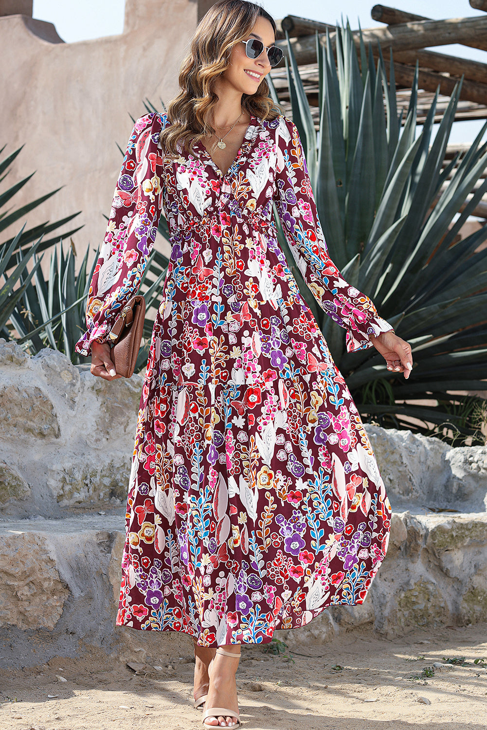 Violet V Neck Floral Print Empire Waist Maxi Dress