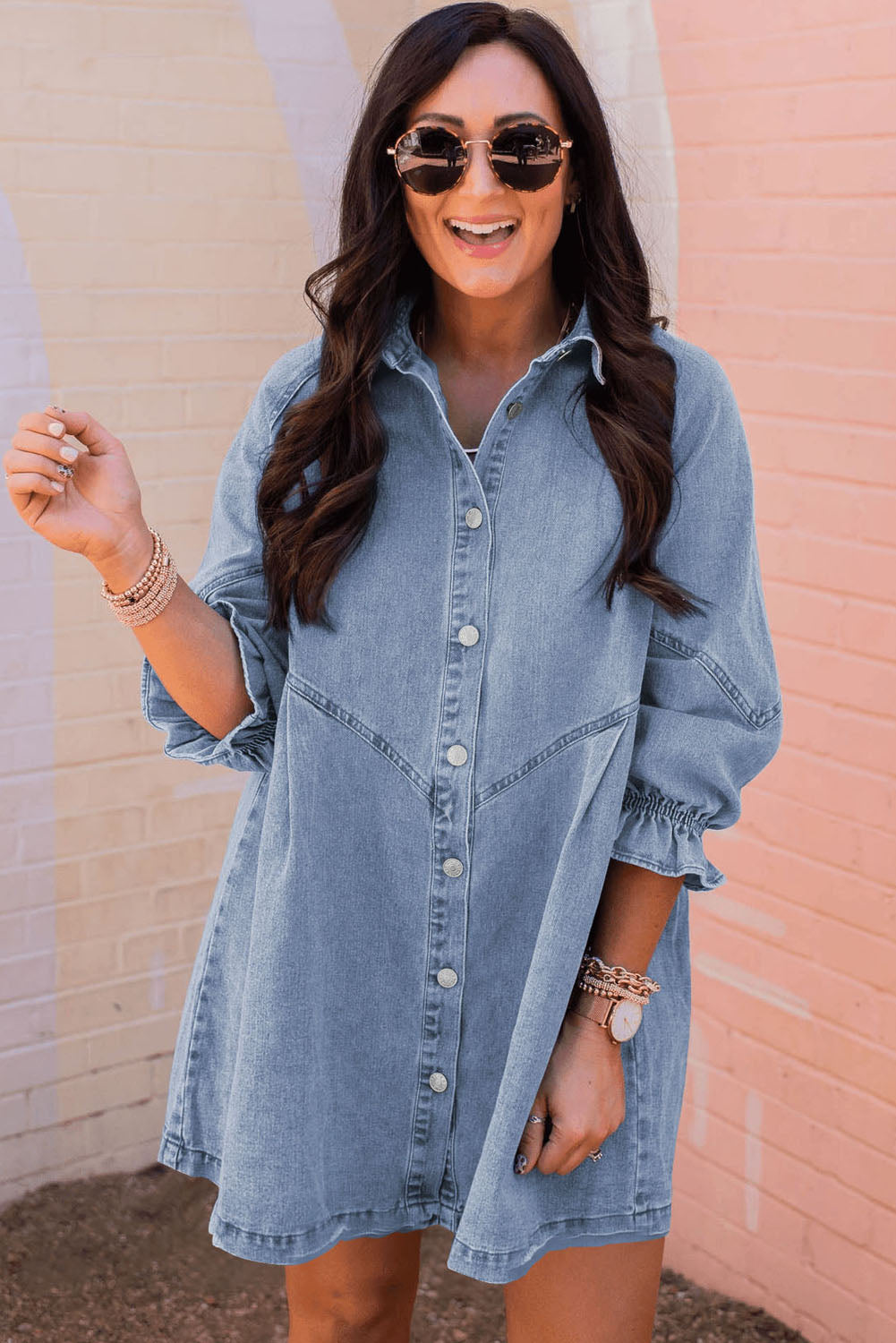 Gray Buttoned Long Sleeve Denim Mini Dress