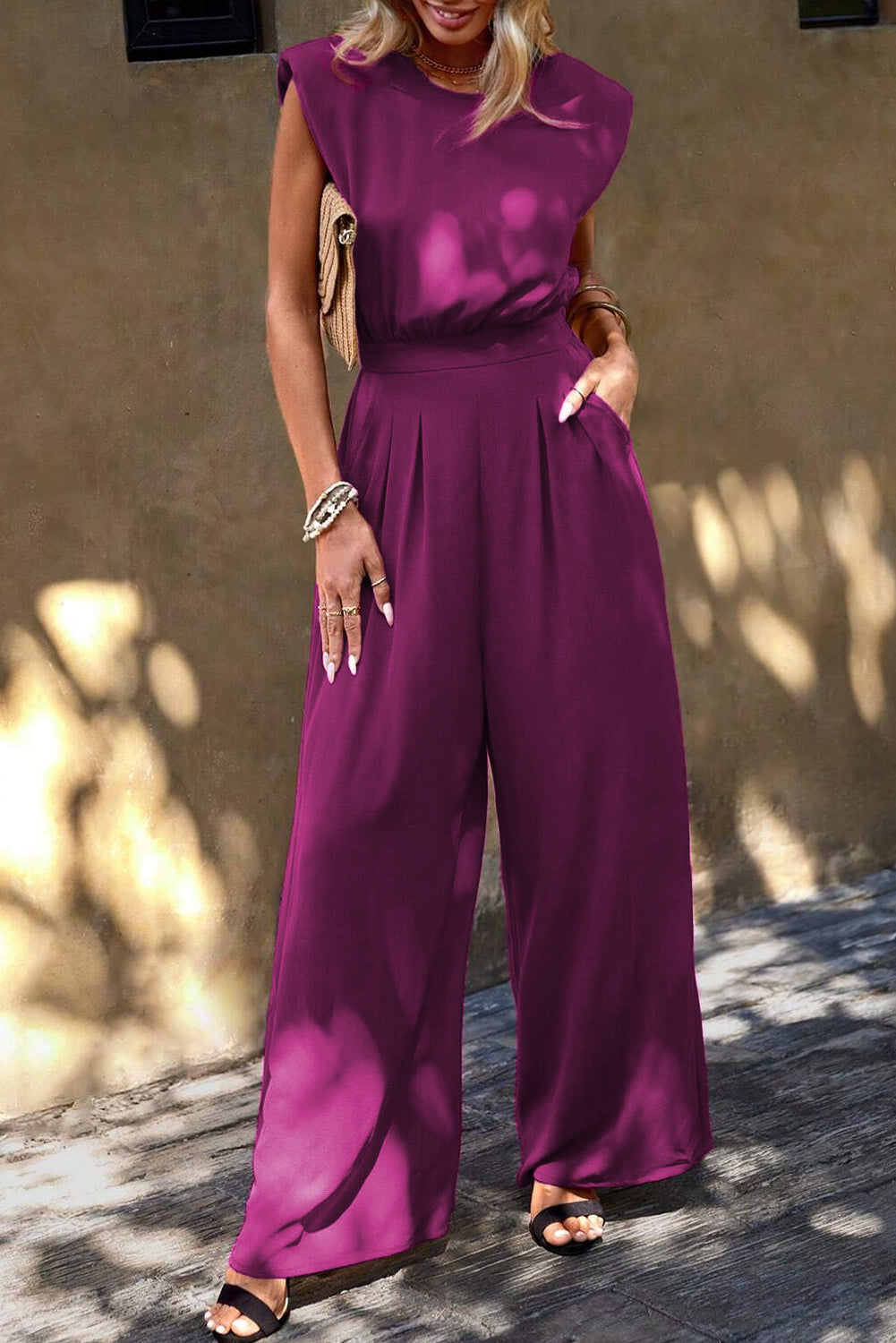 Rose Red Padded Shoulder Slant Pocket Wide Leg Jumpsuit