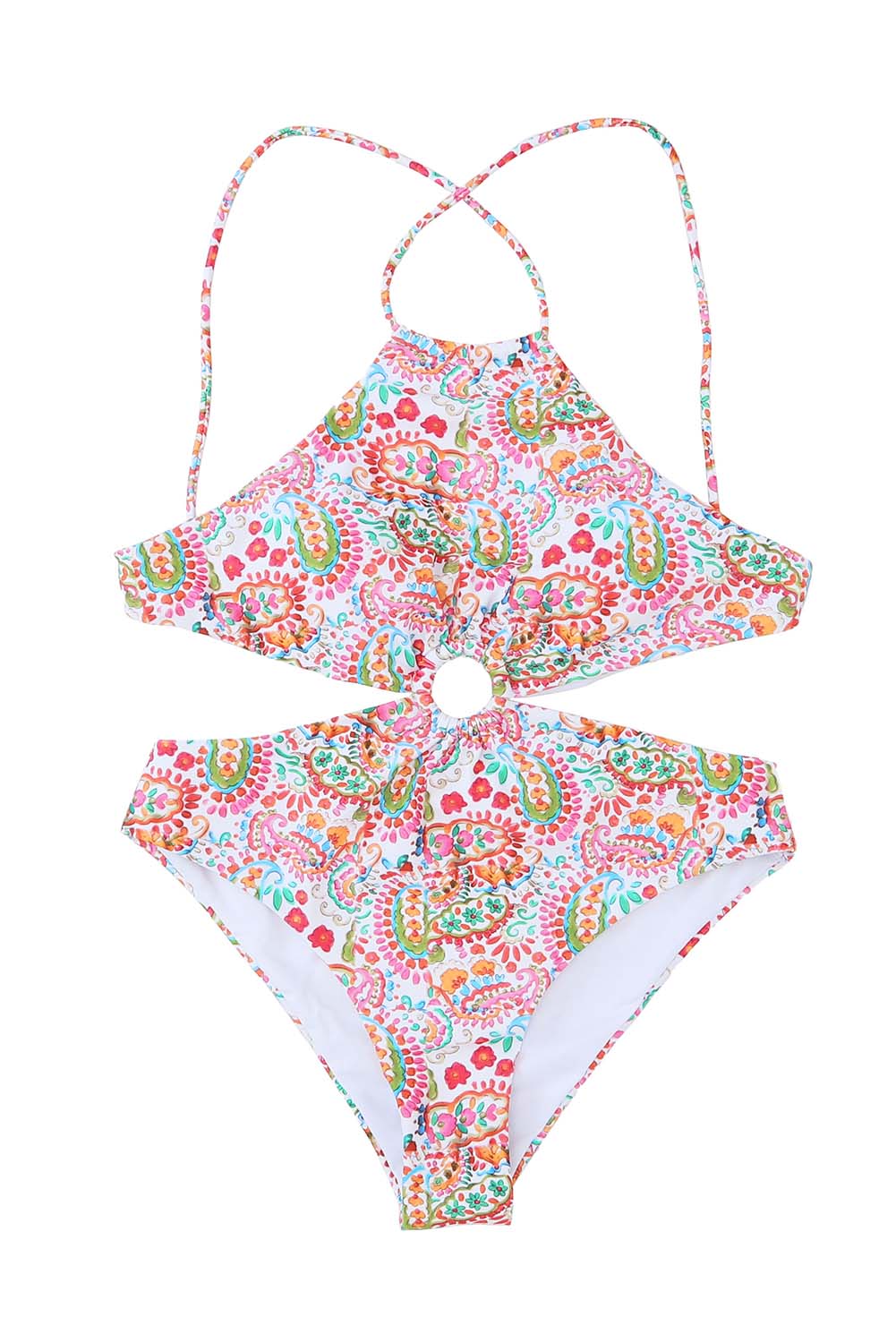 Multicolor Floral Print O-ring Lace-up Backless One Piece Swimsuit