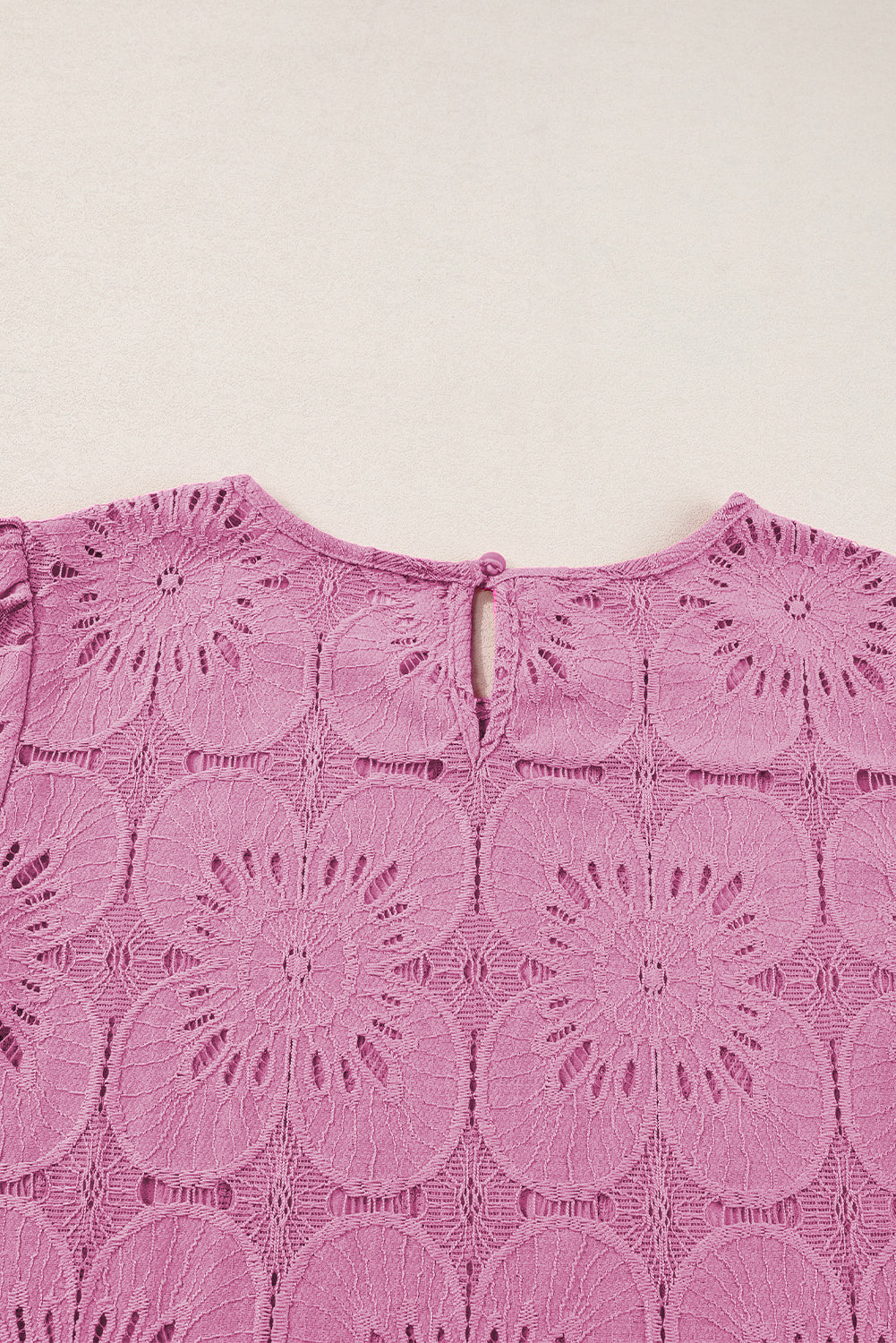 Bright Pink Flower Eyelet Jacquard Keyhole Flounce Sleeve Top