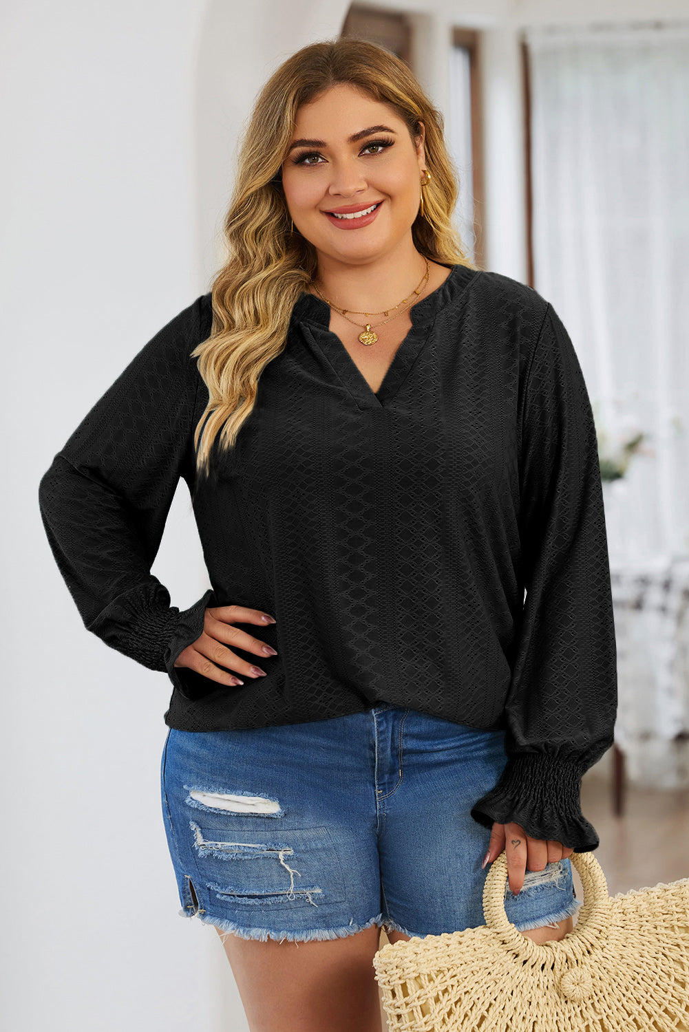 Black Eyelet Jacquard Split Neck Flounce Sleeve Plus Size Blouse