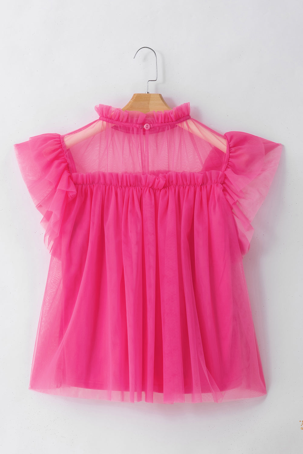 Strawberry Pink Tulle Ruffle Sleeve Flared Babydoll Blouse