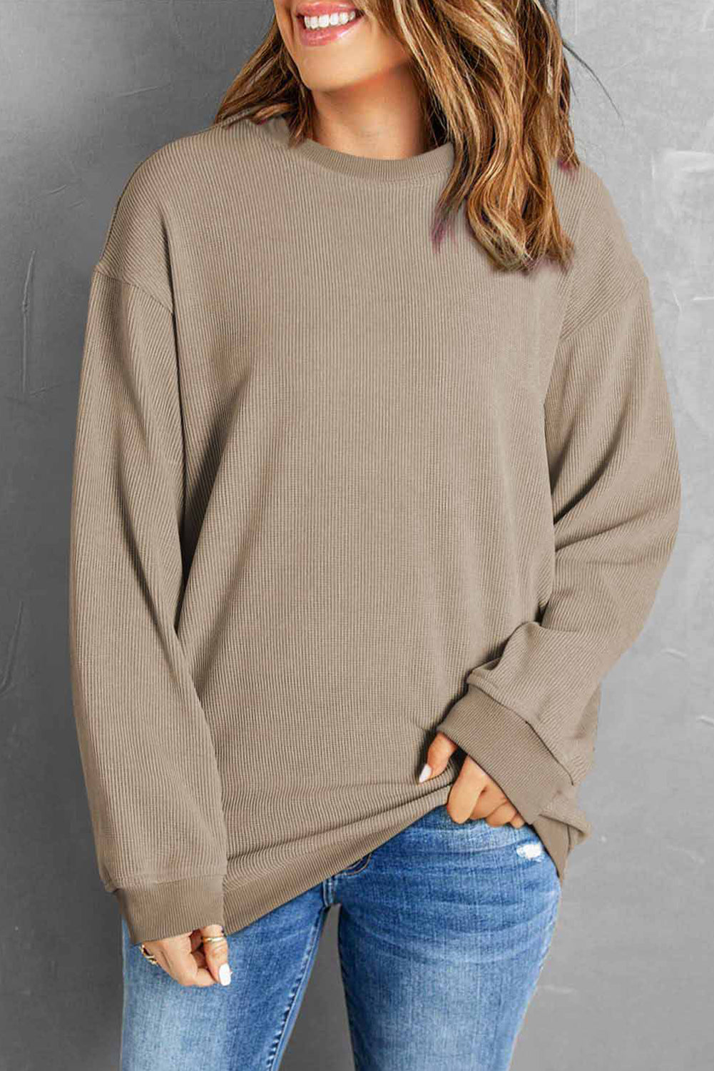 Pink Solid Ribbed Knit Round Neck Pullover Sweatshirt