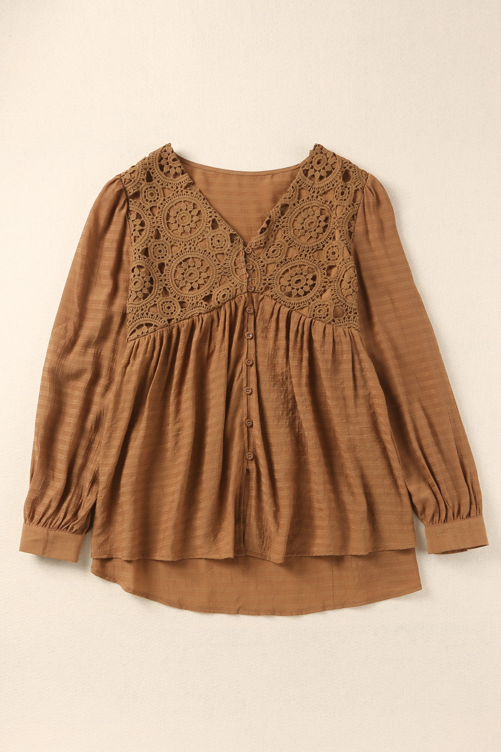 Brown Lace Crochet Buttoned V Neck Babydoll Top