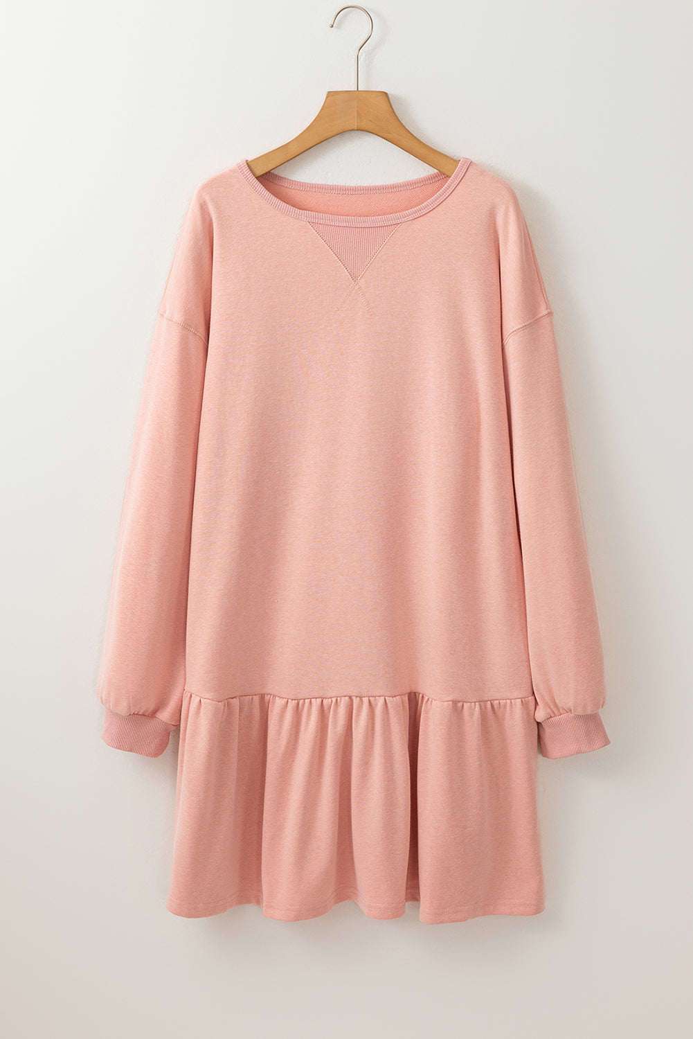 Dusty Pink Solid Color Puff Sleeve Ruffle Hem Mini Dress