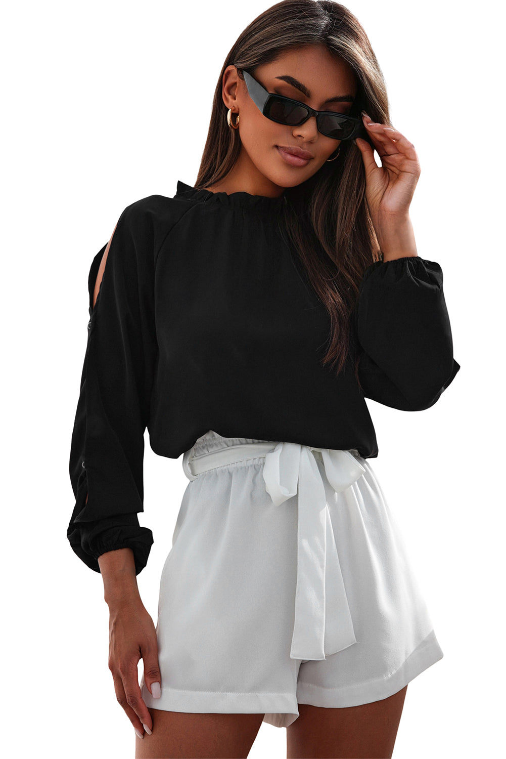 Black Cold Shoulder Bishop Sleeve Blouse