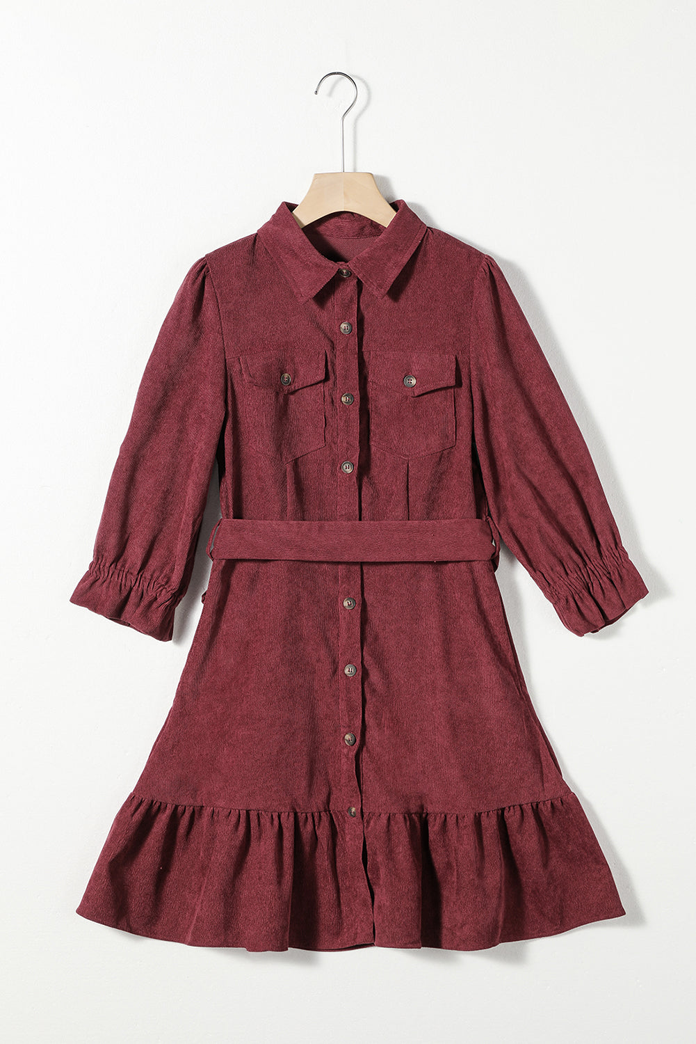 Red Dahlia Collared Buttons Front Ruffled Hem Shirt Corduroy Dress