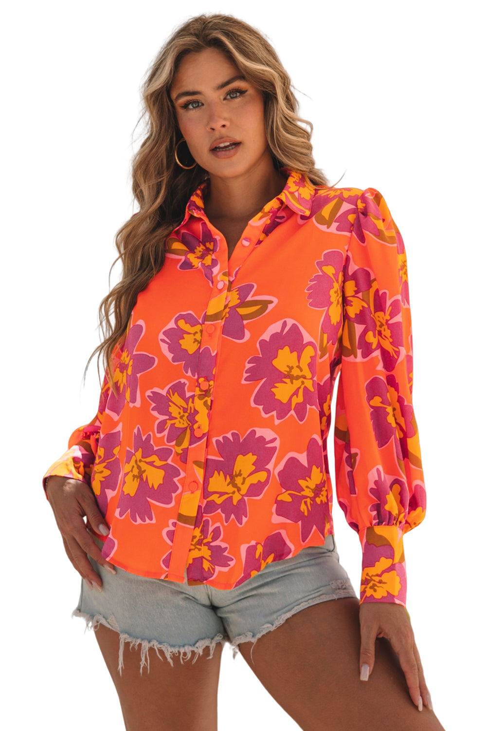 Fiery Red Floral Print Lantern Sleeve Shirt