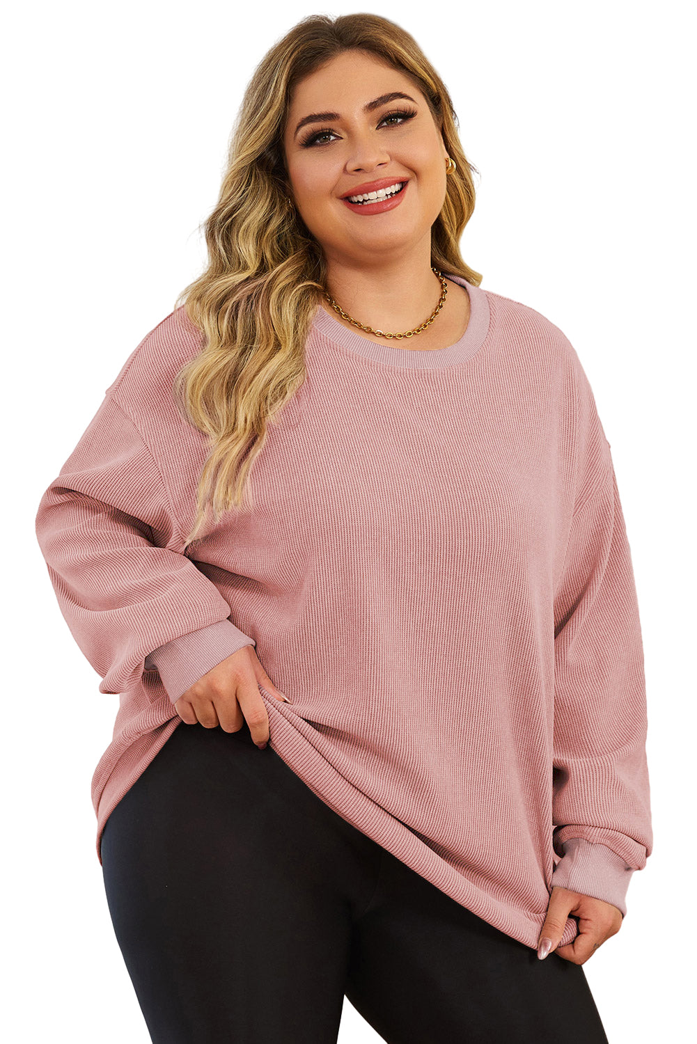 Black Plus Size Corded Round Neck Sweatshirt