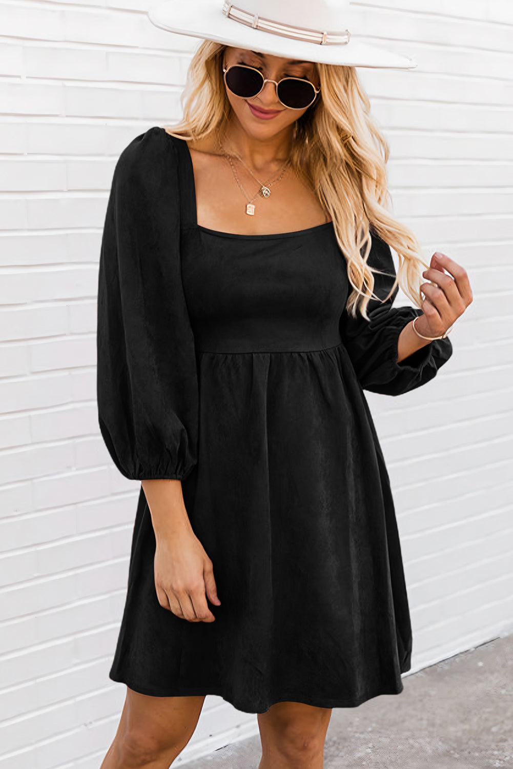 Suede Square Neck Puff Sleeve Dress