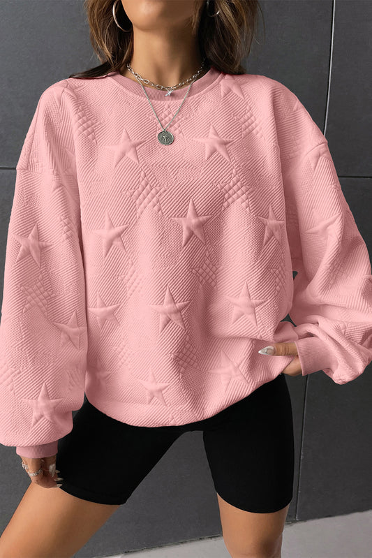 Peach Blossom Star Embossed Textured Drop Shoulder Sweatshirt