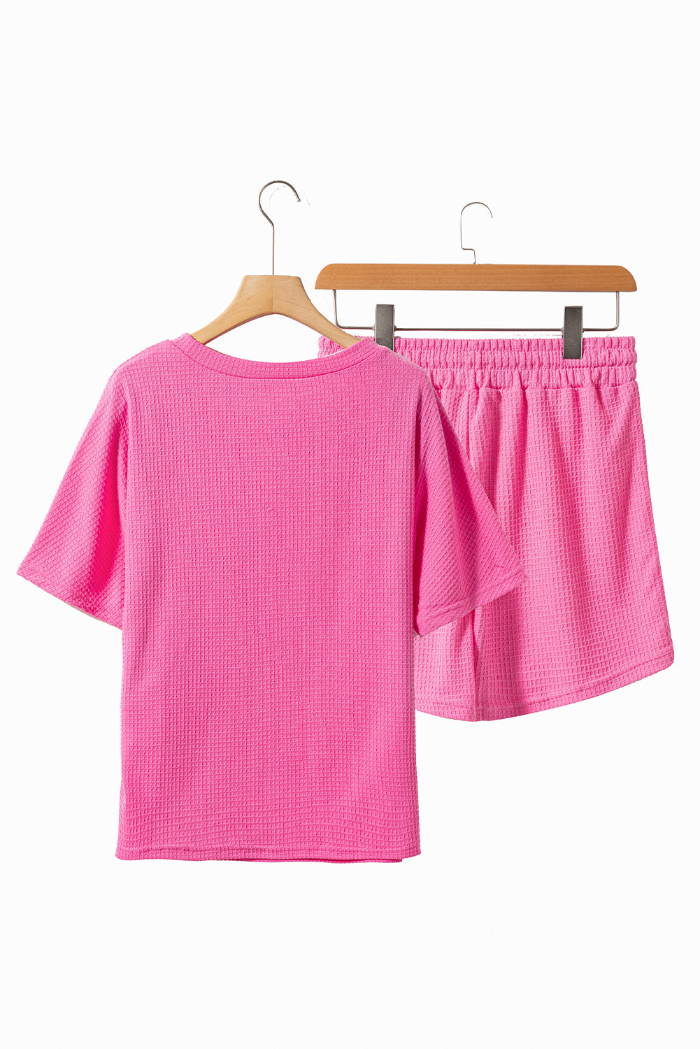 Rose Red Casual Textured Tee and Drawstring Shorts Set