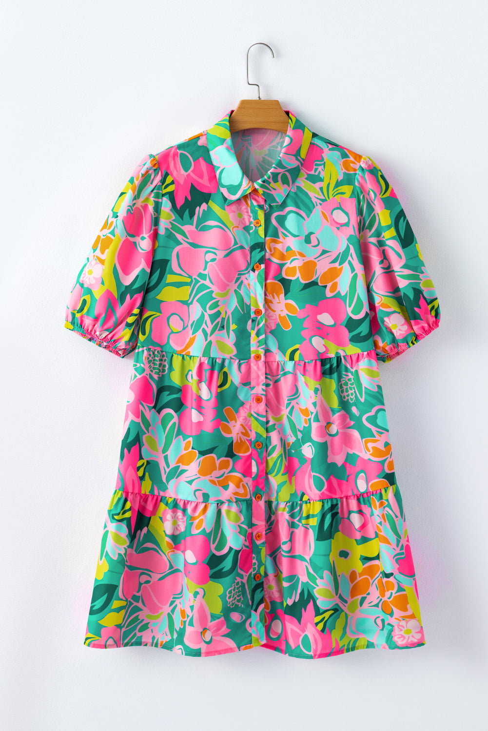 Green Plus Floral Print Puff Sleeve Tiered Shirt Dress