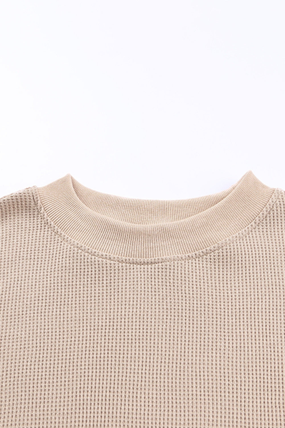 Gray Crew Neck Ribbed Trim Waffle Knit Top