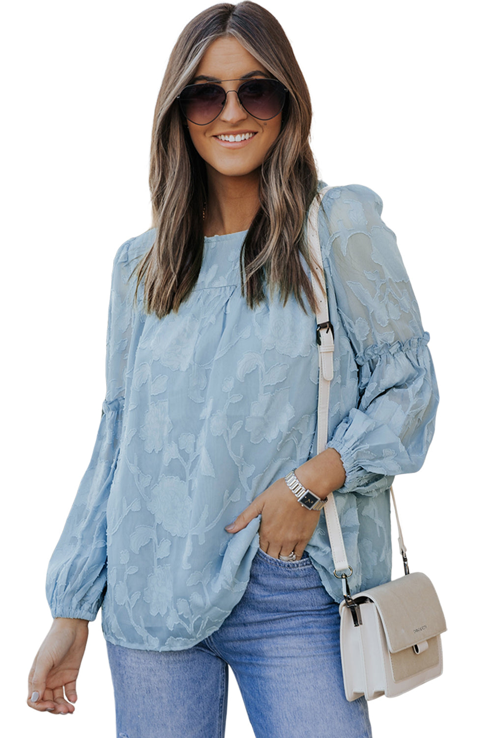 Blue Textured Ruffle Lantern Sleeve Babydoll Blouse