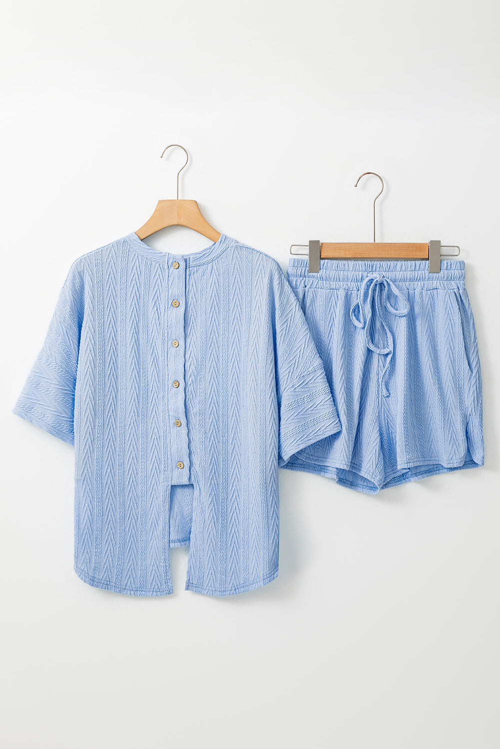 Beau Blue Textured Buttoned Slit Back Tee Shorts Set