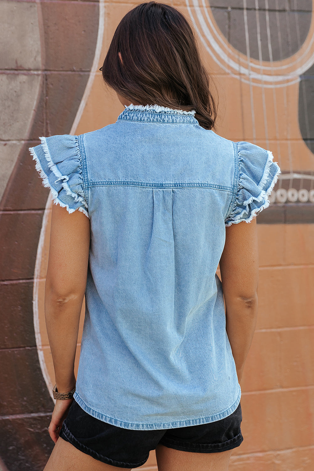 Ashleigh Blue Button Front Ruffled Flutter Frayed Denim Top