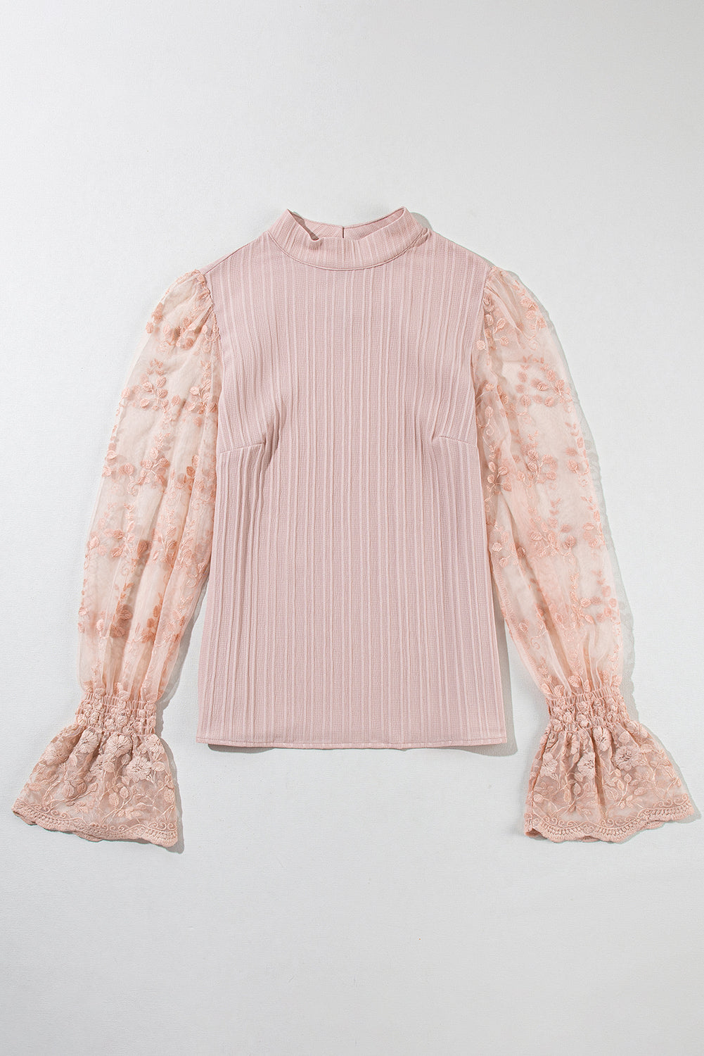 Apricot Pink Contrast Lace Sleeve Mock Neck Textured Blouse