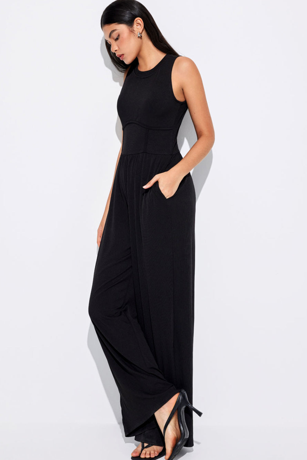 Blackish Green Cinched Waist Sleeveless Wide Leg Jumpsuit