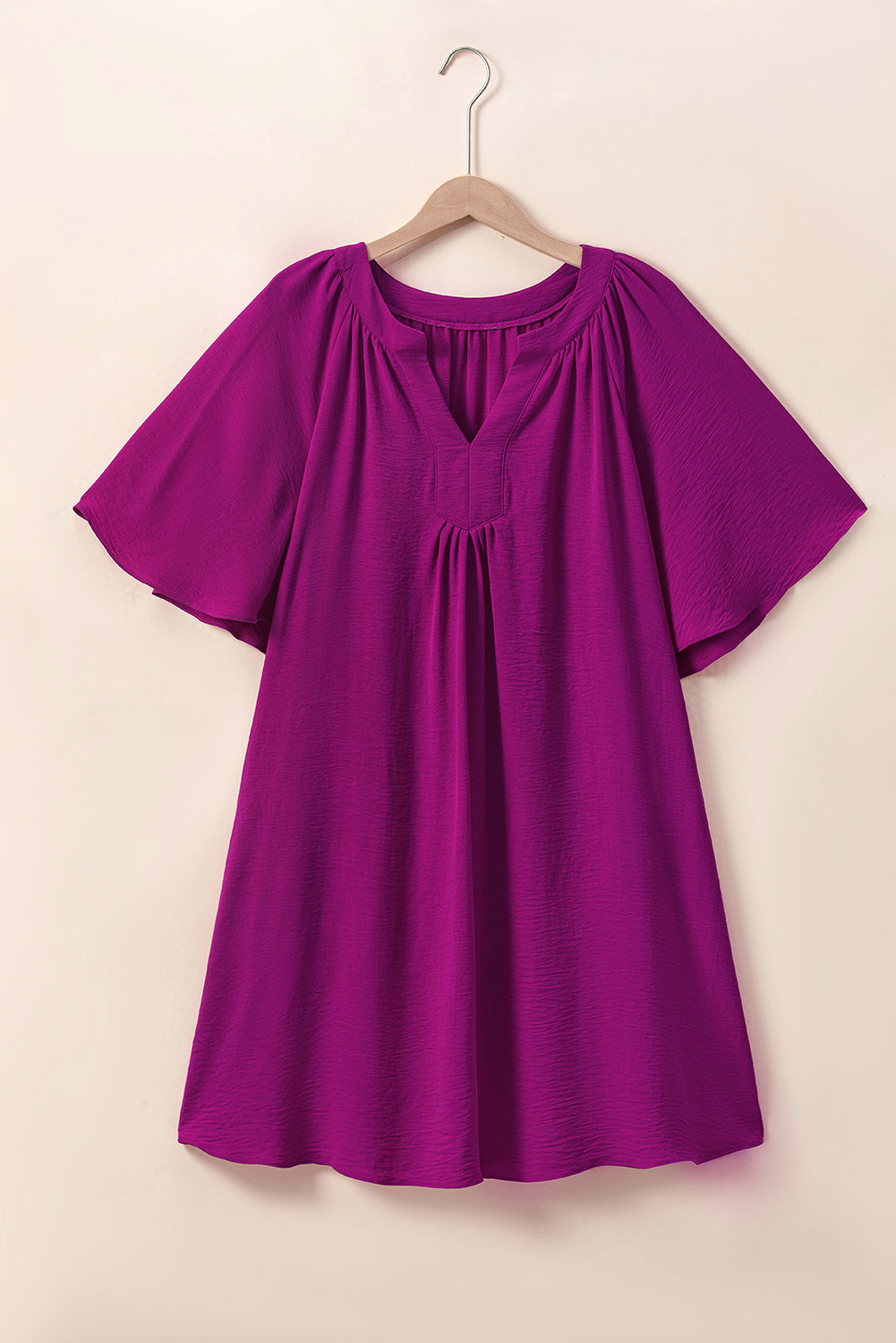 Rose Red Notched Neck Wide Sleeve Pleated Plus Size Dress