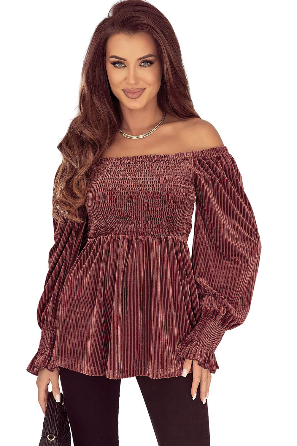 Pink Smocked Ribbed Velvet Babydoll Top