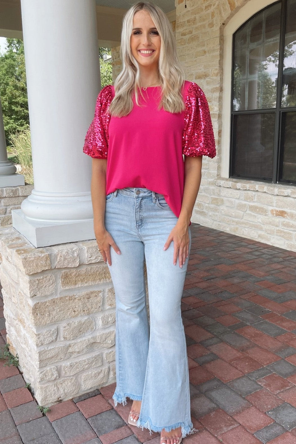 Rose Red Contrast Sequin Puff Sleeve T Shirt