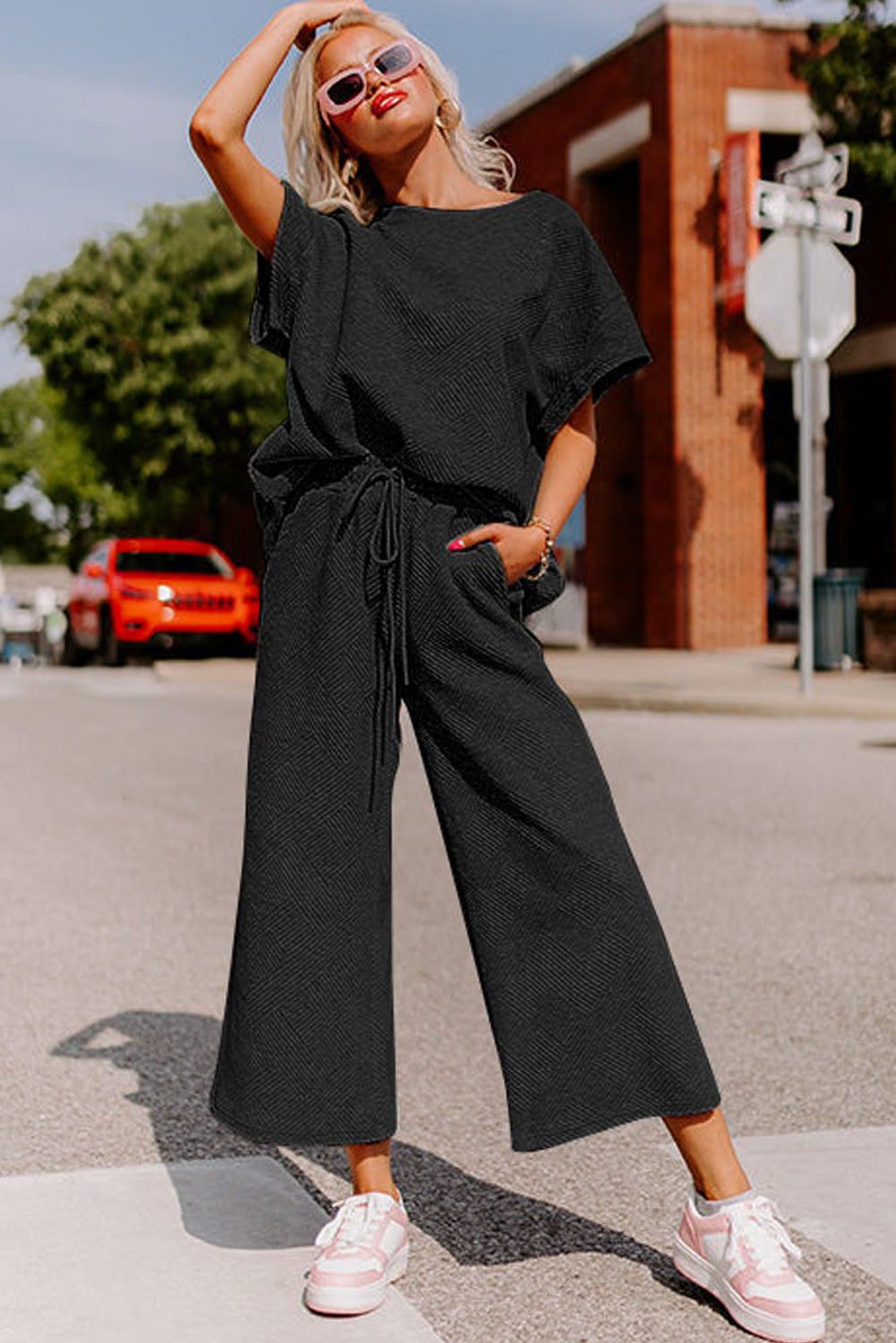 Gray Textured Loose Fit T Shirt and Drawstring Pants Set