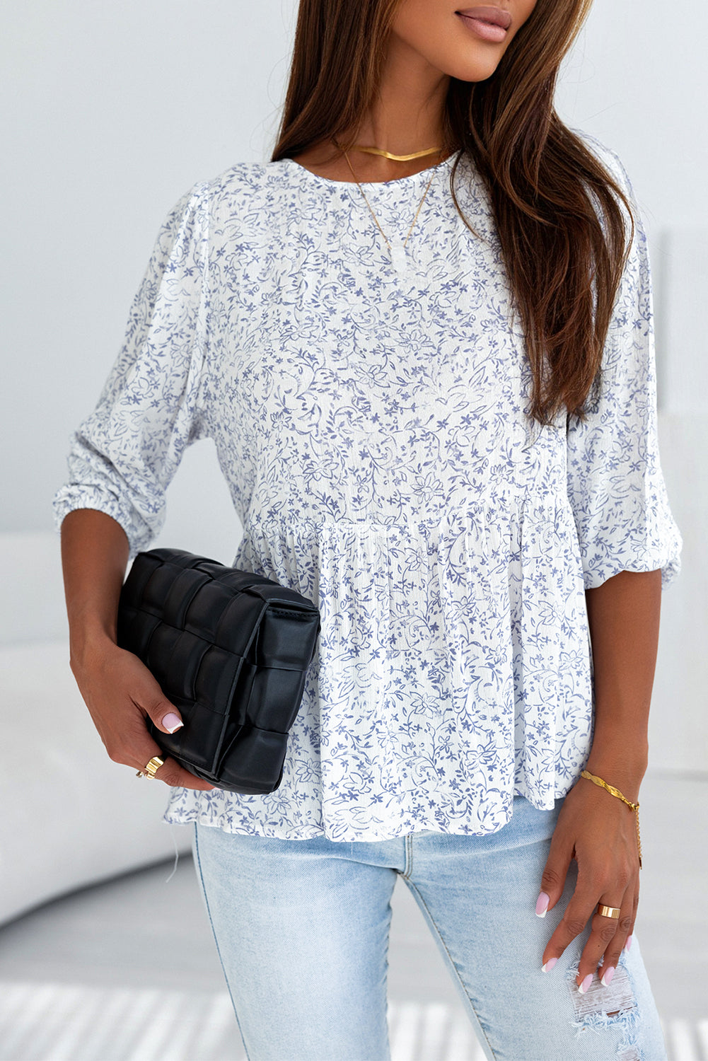 White Retro Floral Printed 3/4 Puff Sleeve Blouse