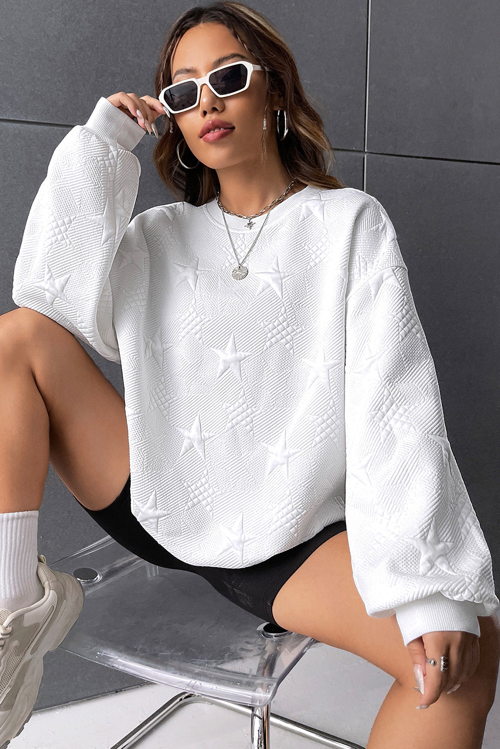 Peach Blossom Star Embossed Textured Drop Shoulder Sweatshirt