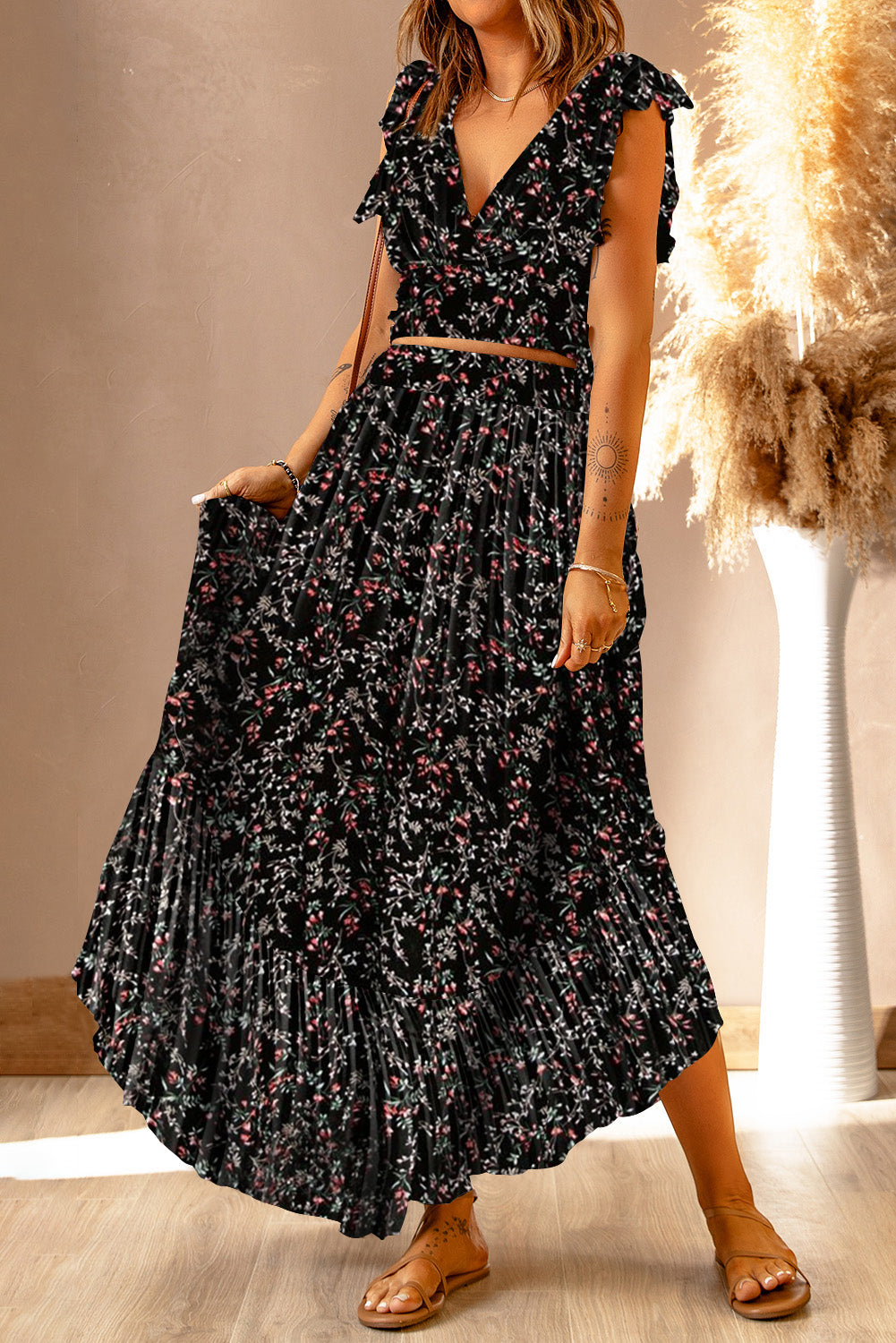 Fiery Red Multicolor Floral Ruffled Crop Top and Maxi Skirt Set