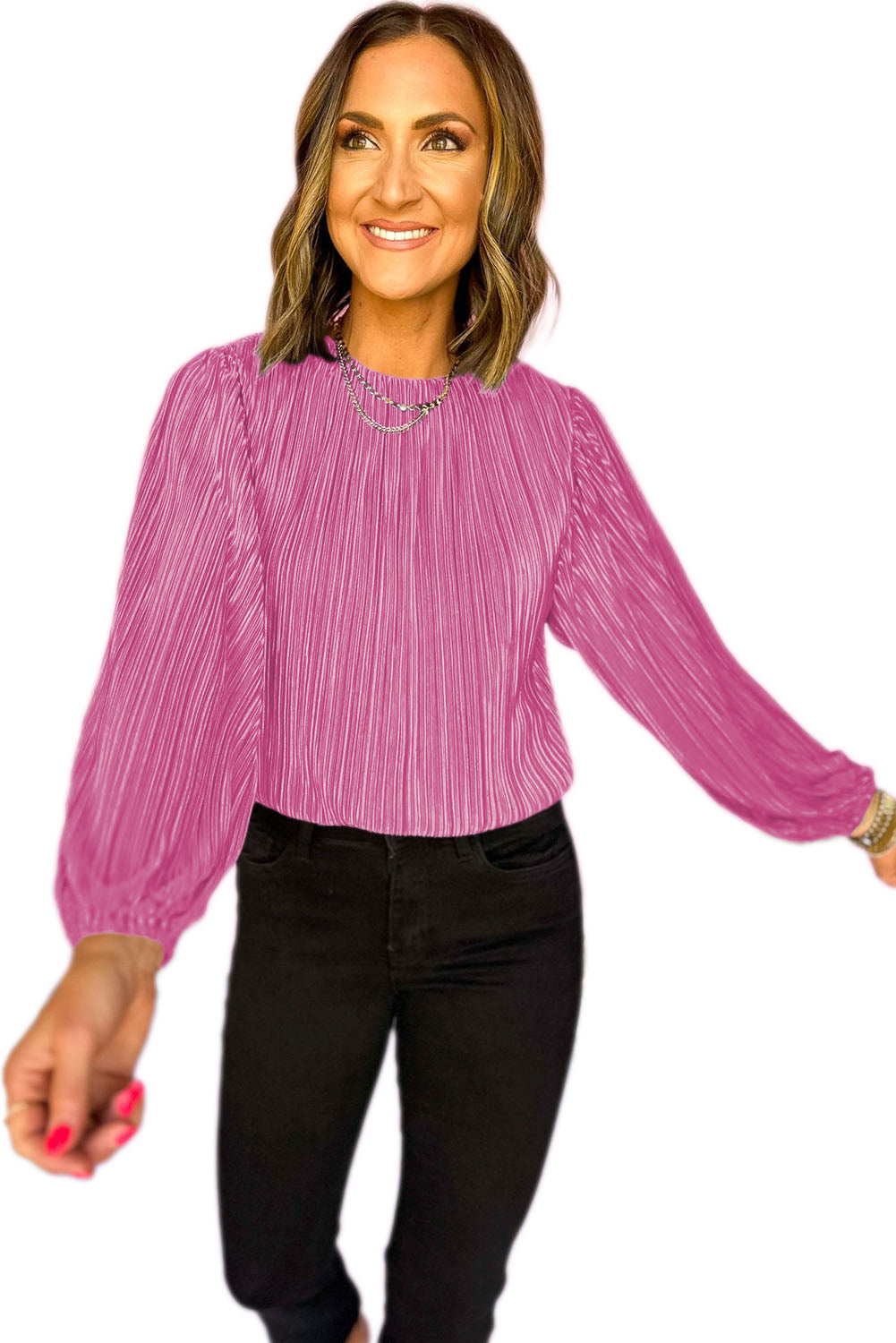 Bonbon Pleated Luster Long Sleeve Blouse