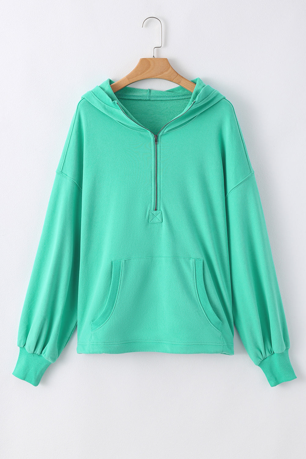 Smoke Green Solid Kangaroo Pocket Half Zipper Oversized Hoodie