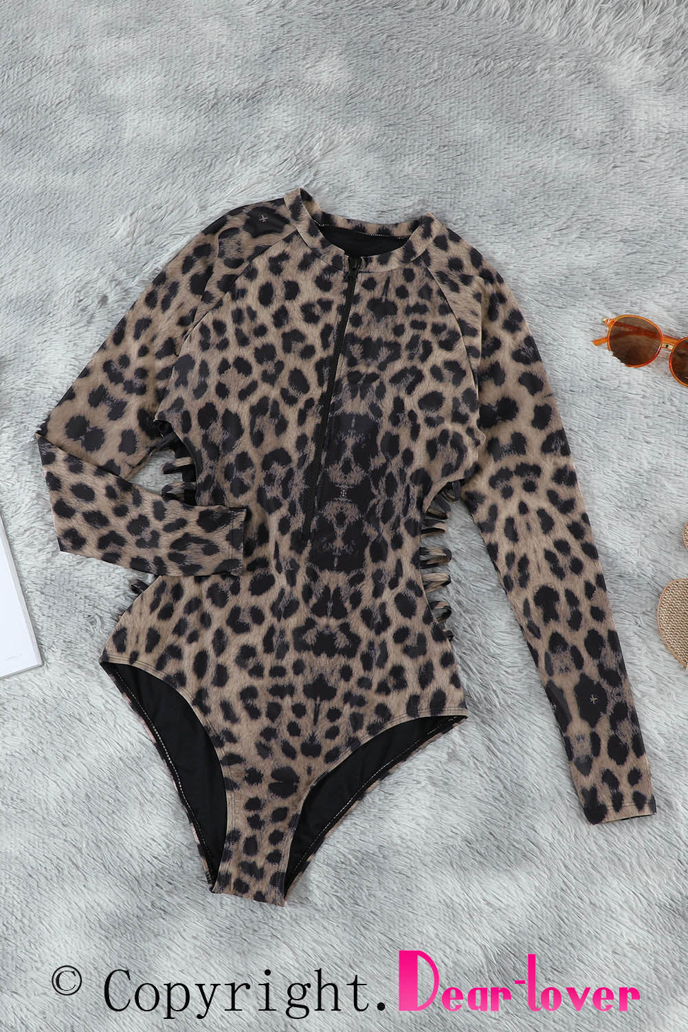 Blue Leopard Print Zipper Cut-out Rash Guard Swimsuit