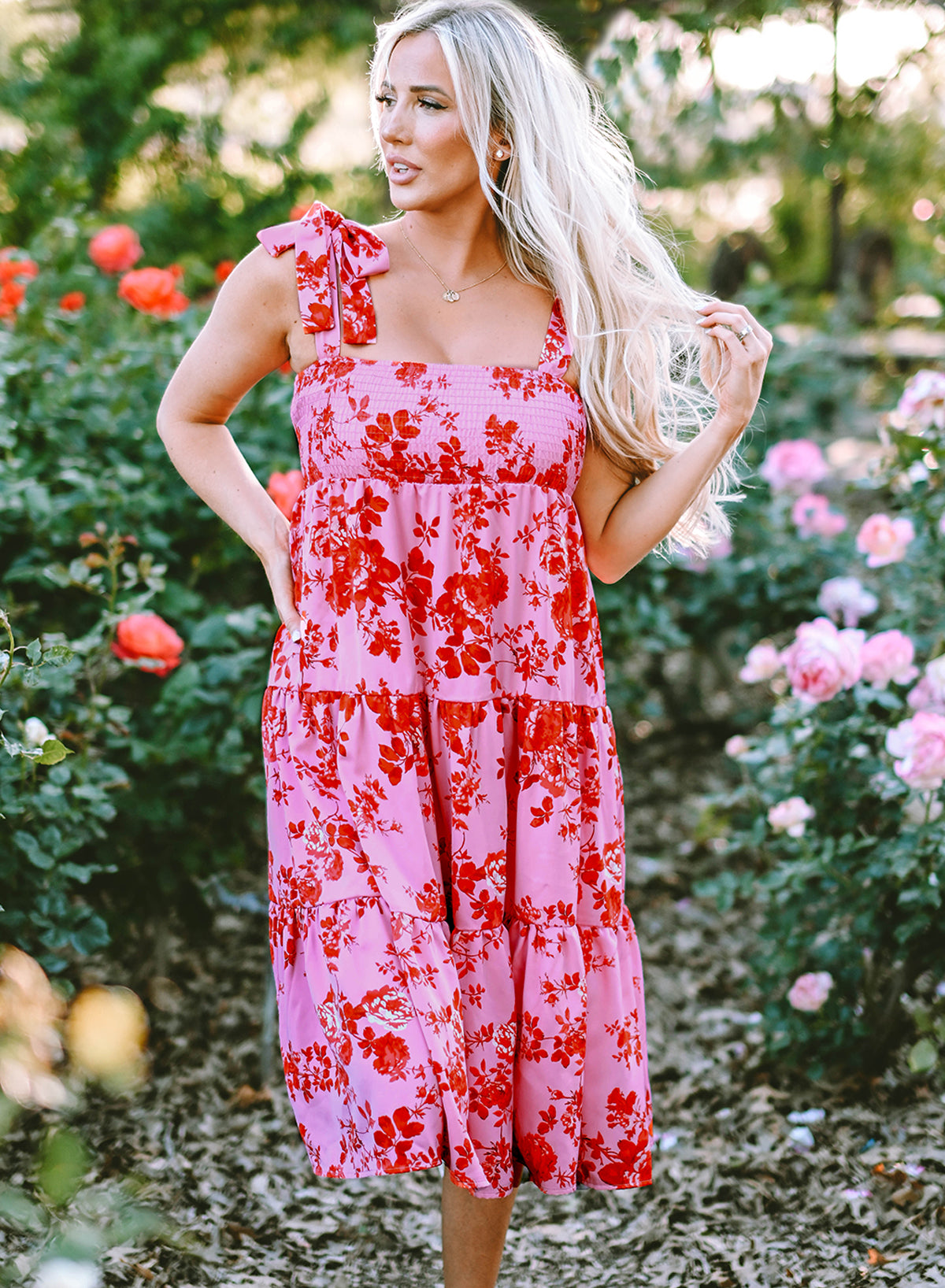 Blue Tie Shoulder Straps Tiered Floral Dress