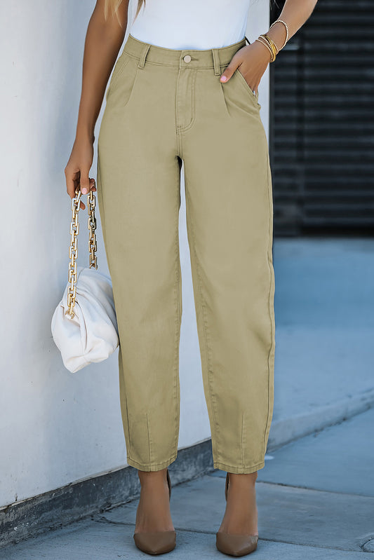 White Solid High Waist Casual Pants