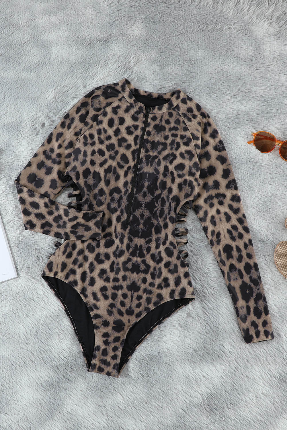 Blue Leopard Print Zipper Cut-out Rash Guard Swimsuit