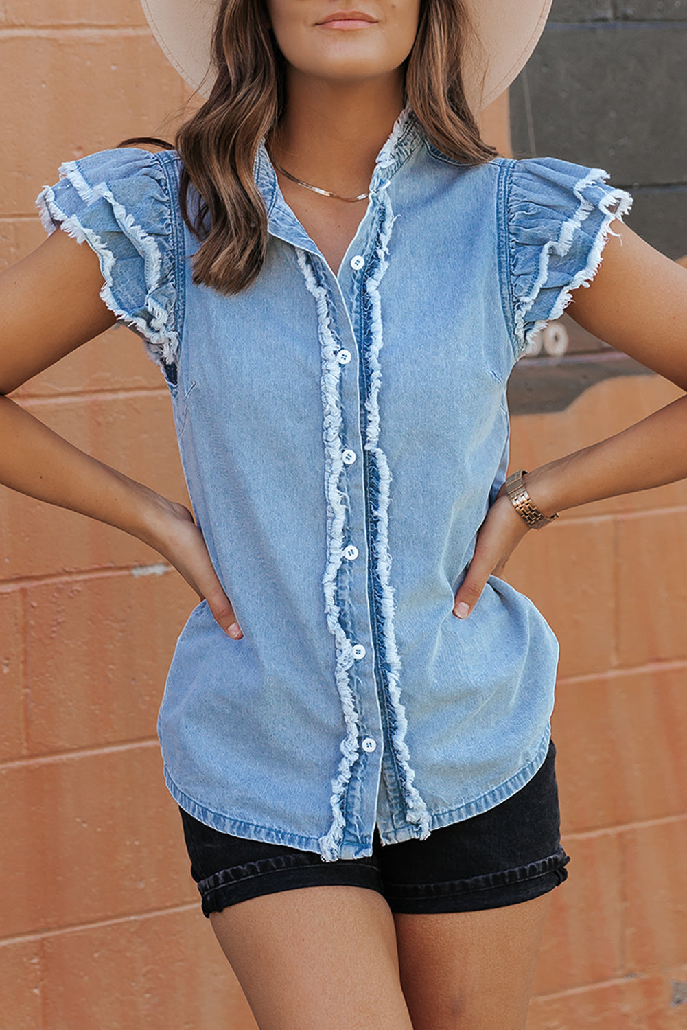 Ashleigh Blue Button Front Ruffled Flutter Frayed Denim Top