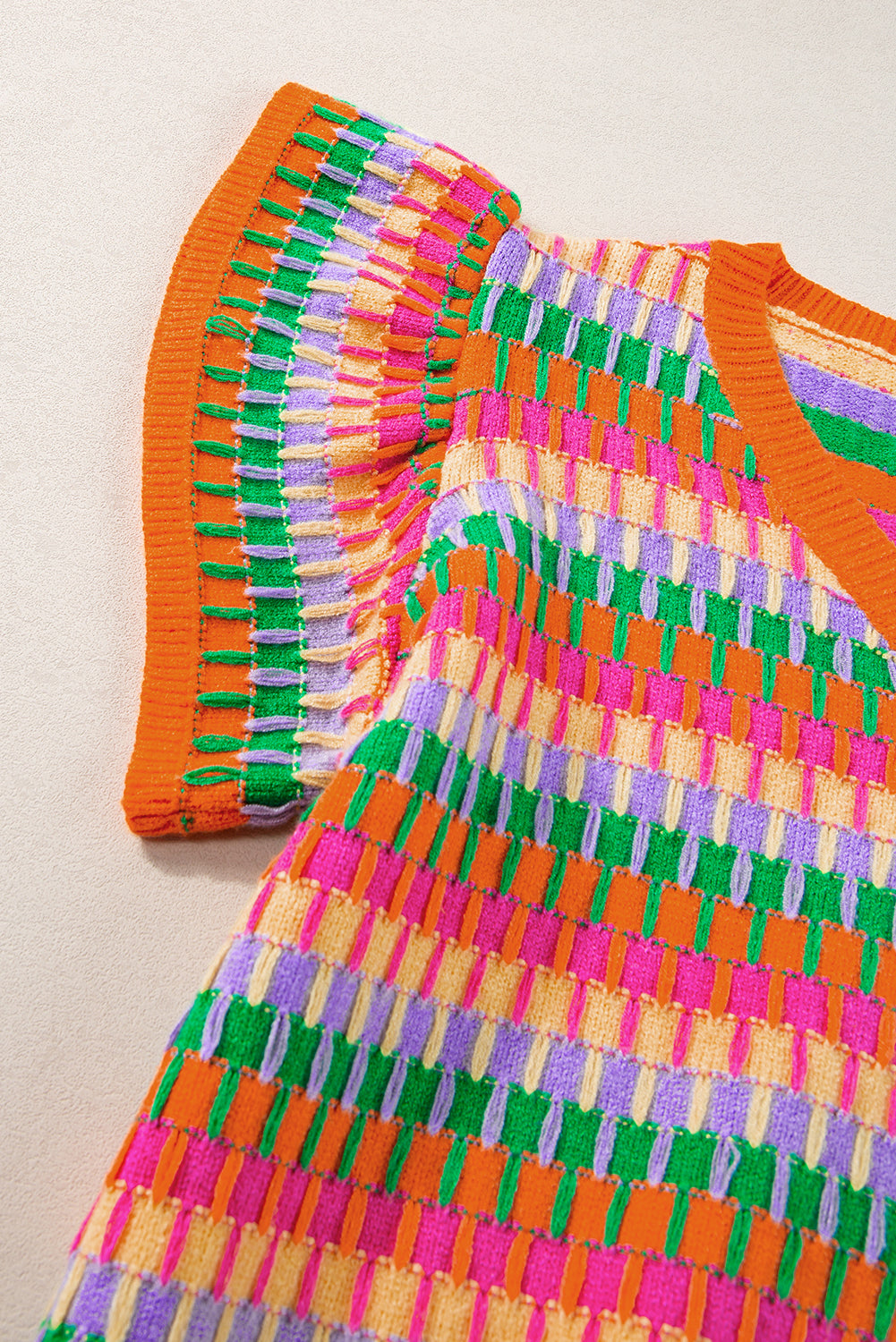 Green Multicolor Flutter Sleeve Knitted Sweater Top
