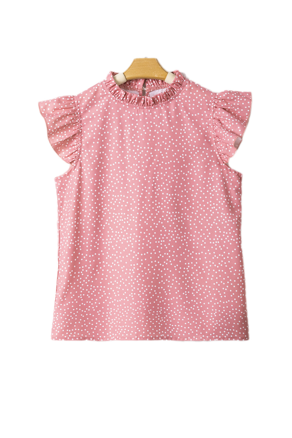 Pink Polka Dots Ruffle Flutter Sleeve Frilled Neck Blouse