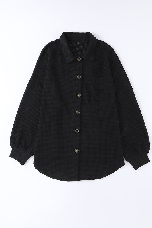 Brown Waffle Knit Button Up Casual Shirt