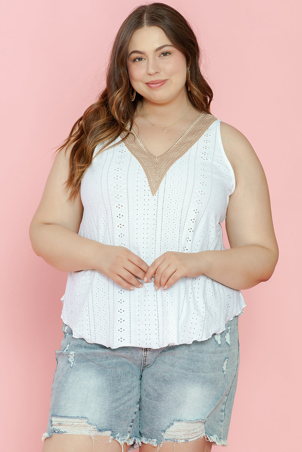 White Plus Size Guipure V Neck Eyelet Lace Tank Top