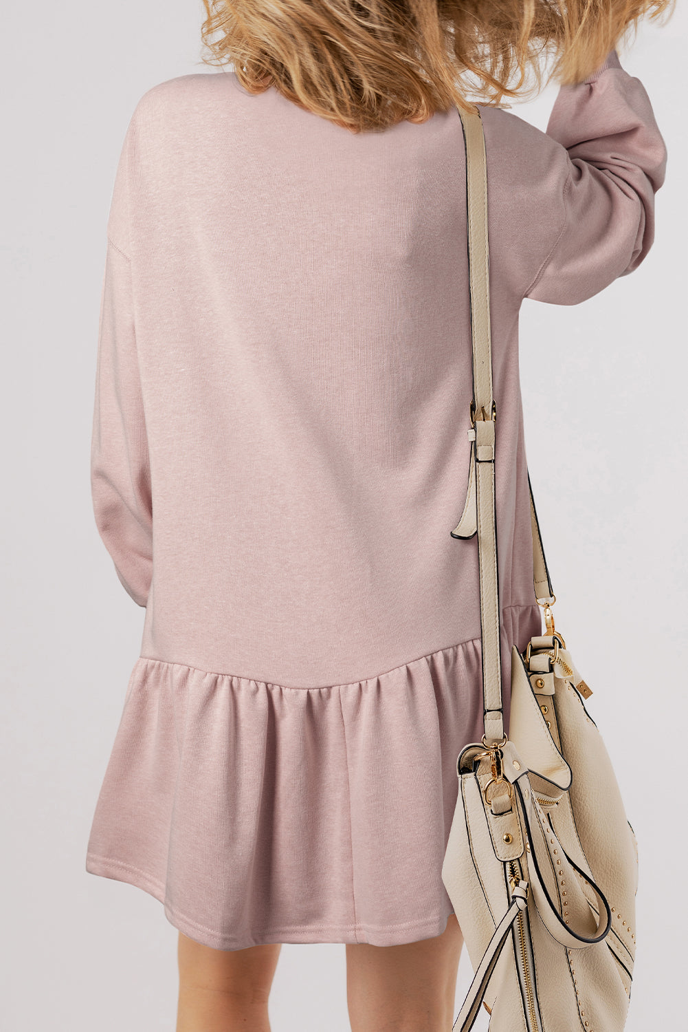 Dusty Pink Solid Color Puff Sleeve Ruffle Hem Mini Dress