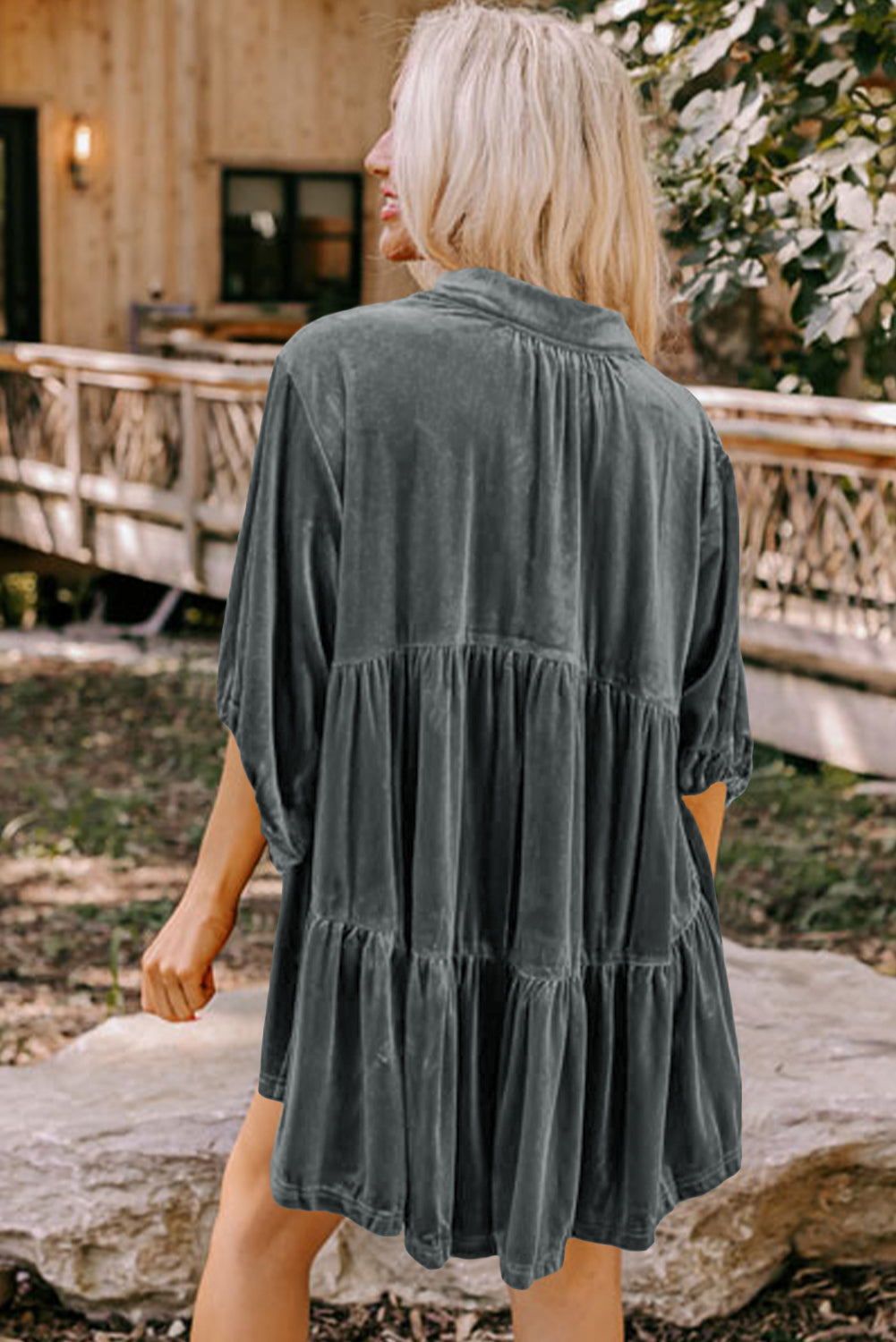 Pitaya Pink 3/4 Sleeve Tunic Babydoll Velvet Shirt