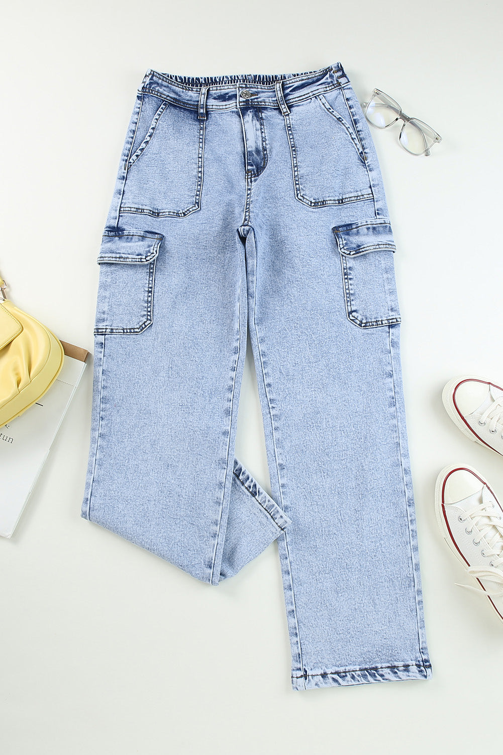 Sky Blue High Waist Wide Leg Cargo Jeans