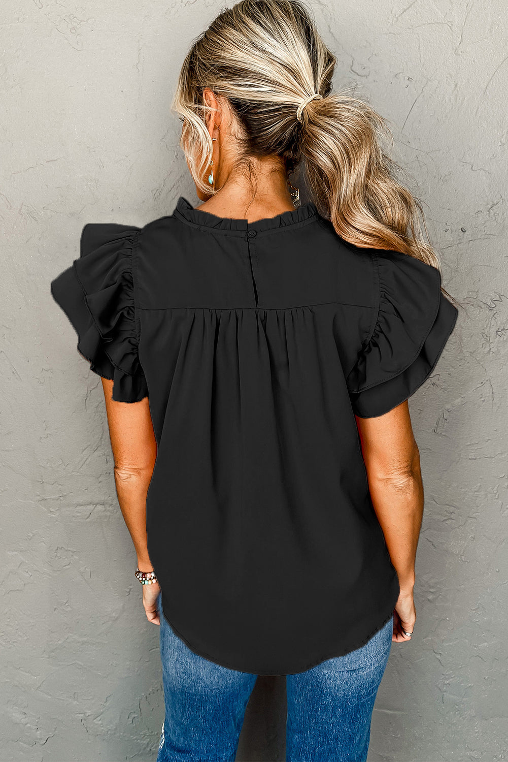 White Smocked Ruffle Sleeve Blouse