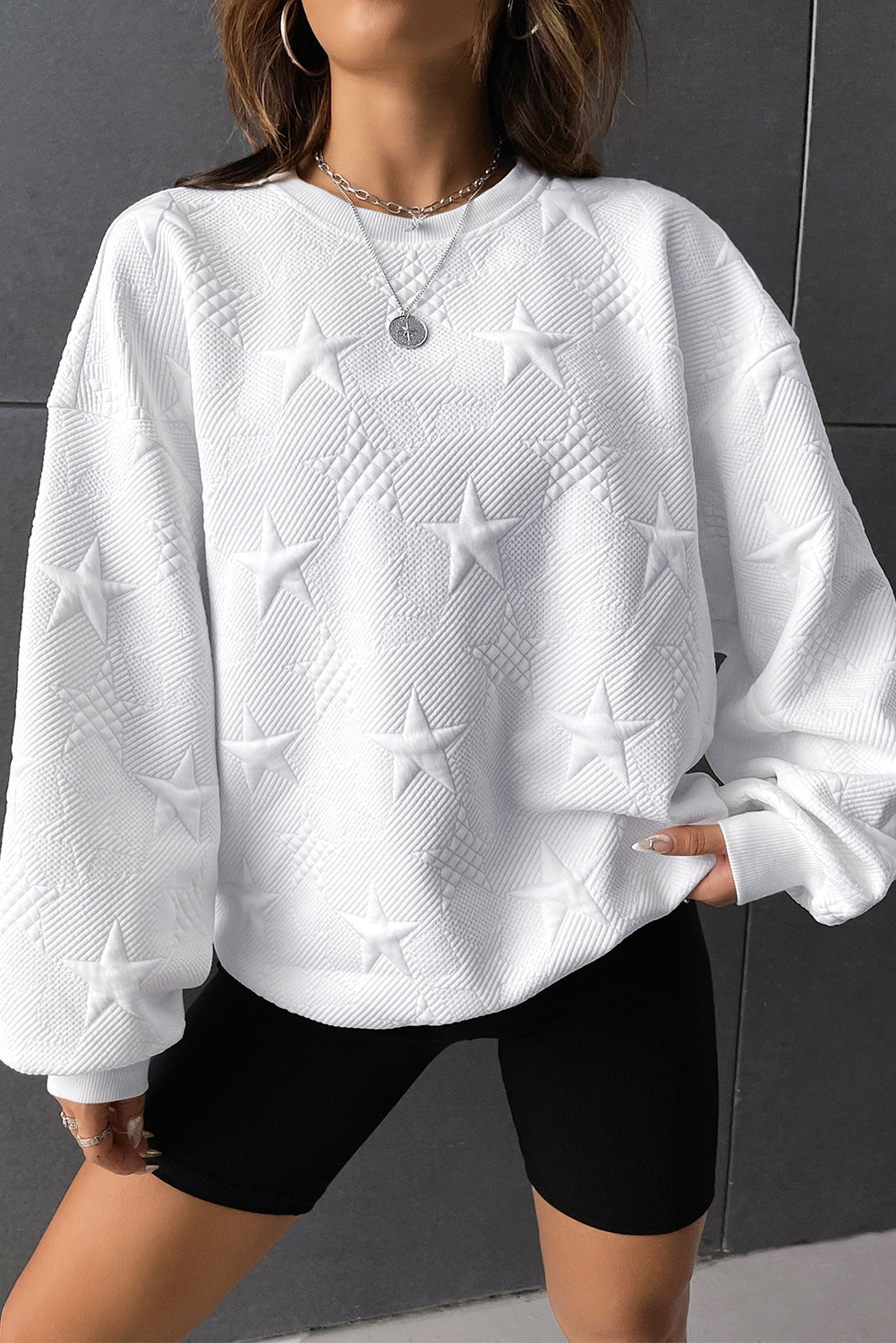 Peach Blossom Star Embossed Textured Drop Shoulder Sweatshirt