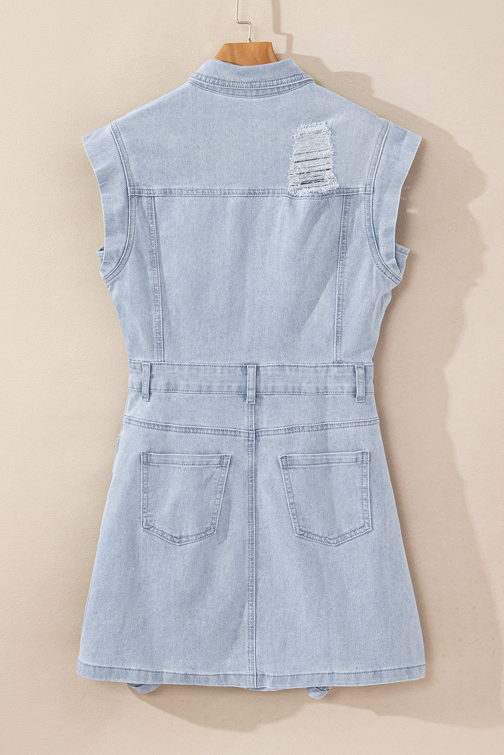 Light Blue Acid Wash Flap Pockets Frayed Denim Dress