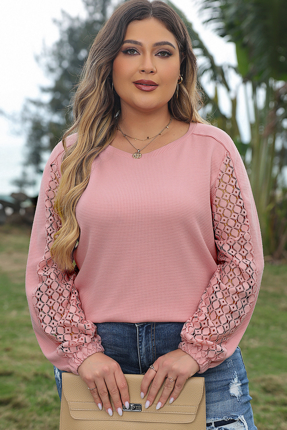 Apricot Pink Plus Size Contrast Lace Sleeve Textured Knit Top